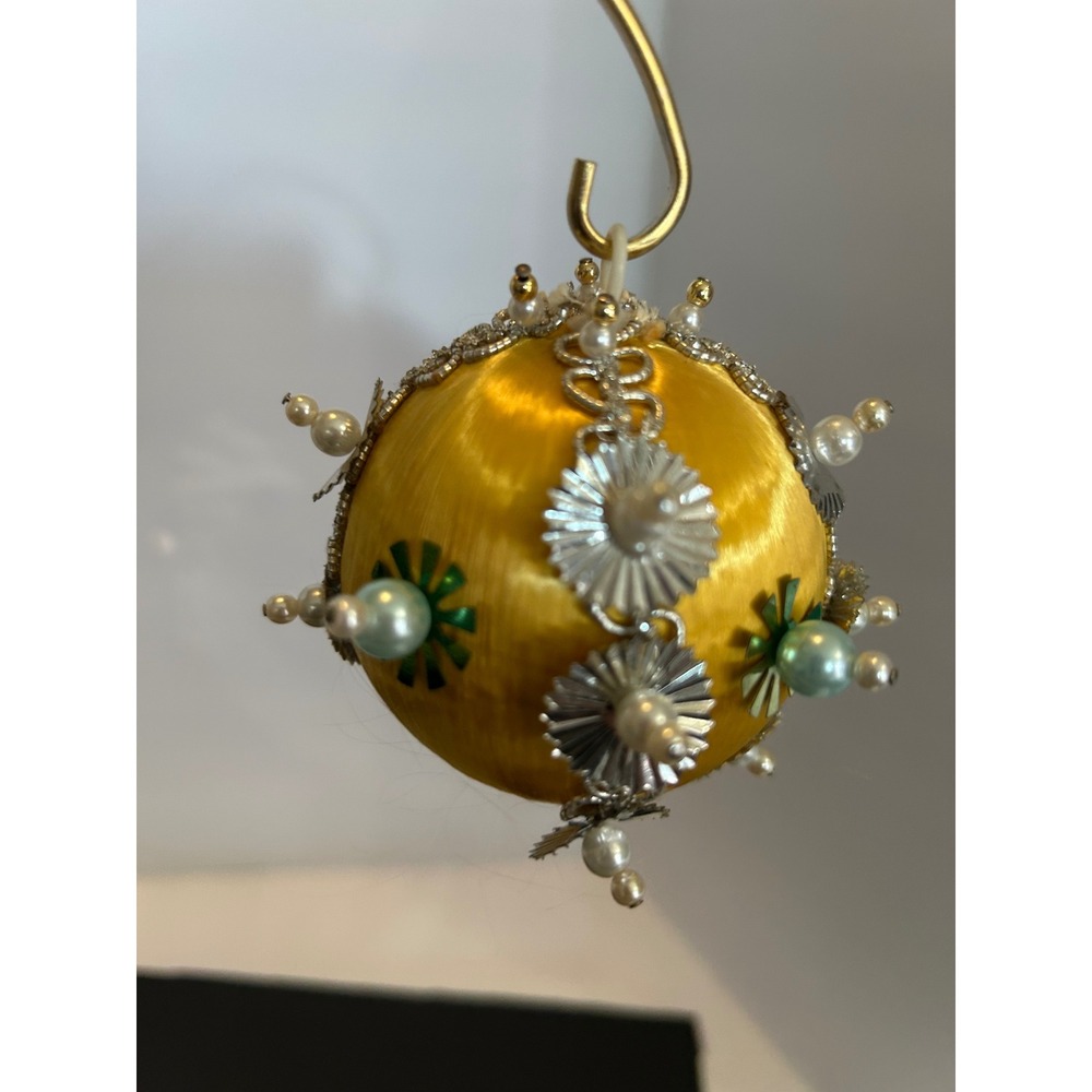 Ornament Christmas Yellow Satin Silk Bead Sequin Faux Pearl Silver Collectible